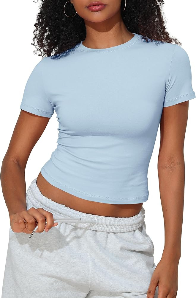 PrettyGuide Women's Cotton Crop Tops Short Sleeve Crewneck Basic Tee Tight Fit Y2K Baby Tee Cute ... | Amazon (US)