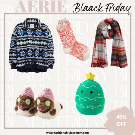 Aerie has so many cute things on sale be sure to go hit the links! 
Fashionablylatemom 
Scarf 
Squishy mellow
Slippers 
Socks 

#LTKsalealert #LTKGiftGuide