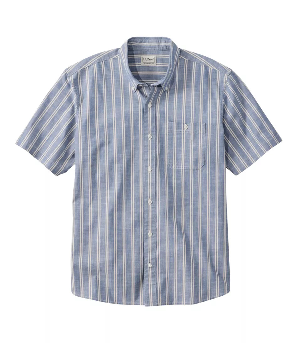 Men's Comfort Stretch Chambray Shirt, Traditional Untucked Fit, Short-Sleeve, Stripe Dark Indigo Medium, Cotton Blend L.L.Bean | L.L. Bean