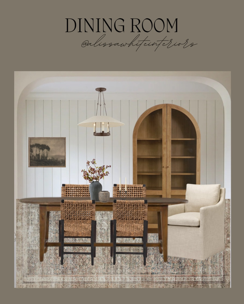 Modern organic dining room design.

Dining chairs. Arched cabinet hutch. Vintage art. Dining table. Vase. 

#LTKstyletip #LTKfindsunder100 #LTKhome