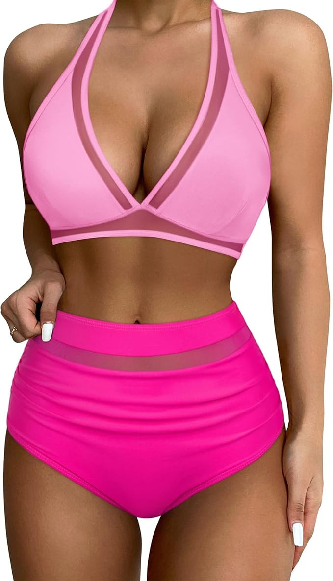 SUUKSESS Women Sexy High Waist Bikini Sets Mesh Tummy Control 2 Piece Swimsuits | Amazon (US)