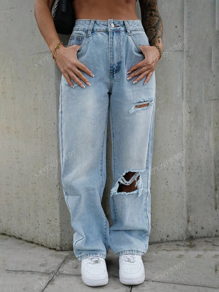 SAYEHFBABY Women's Fashion High Waist Straight Wide Leg Ripped Jeans | SHEIN