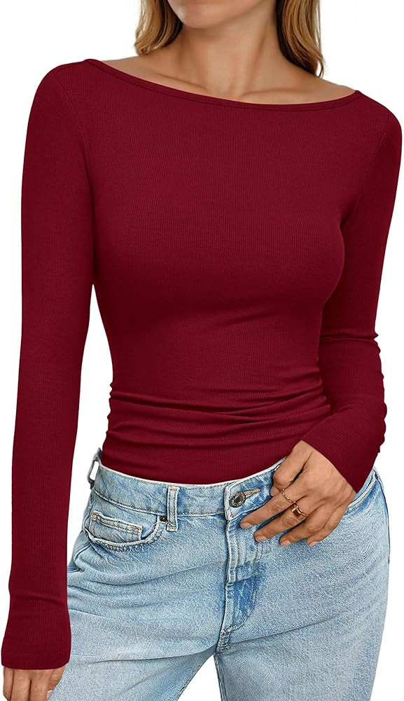 PRETTYGARDEN Long Sleeve Shirts for Women 2025 Fall Boat Neck Ribbed Knit Ruched Fitted Going Out... | Amazon (US)