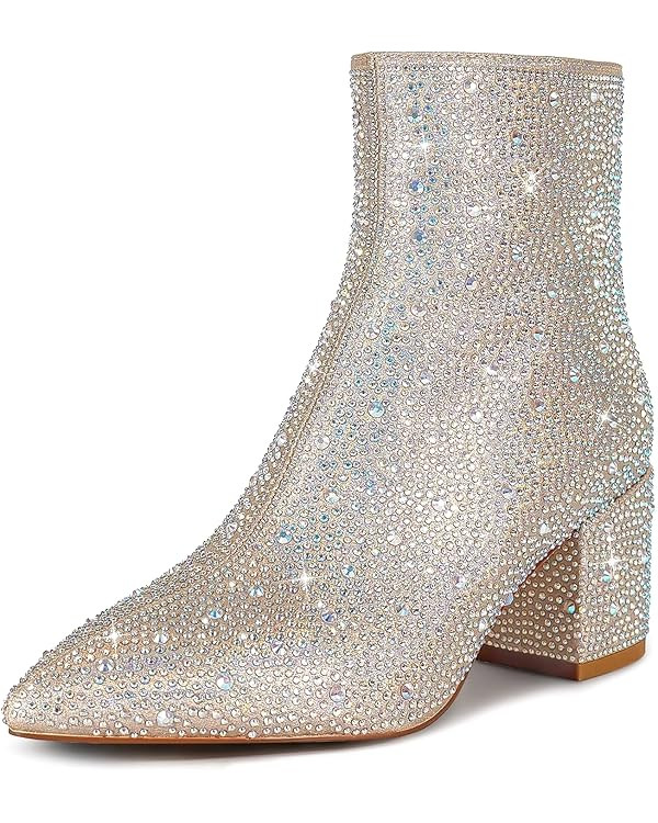 wetkiss Rhinestone/PU Low Chunky Pointed Toe Knee High Boots for Women with Full Bling Sparkly Cr... | Amazon (US)