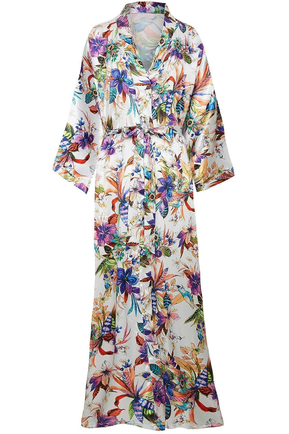 BABEYOND Floral Kimono Robe Satin Silk Wedding Robe 1920s Kimono Nightgown Sleepwear 53" Long (Flower) | Amazon (US)