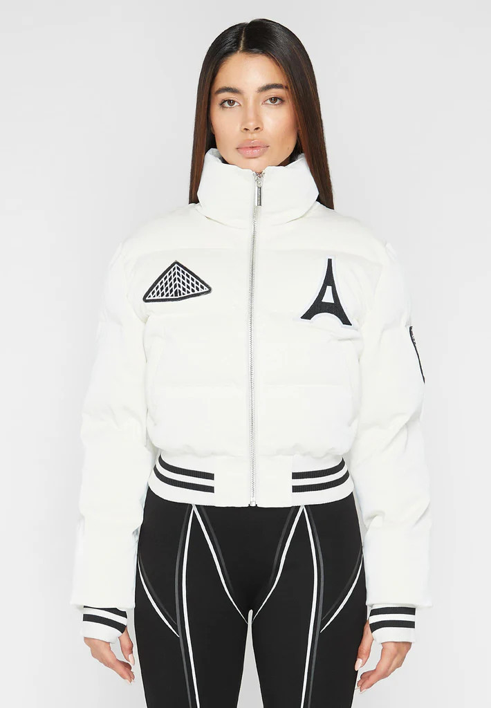 Vegan Leather Varsity Puffer Jacket - White | Maniere De Voir