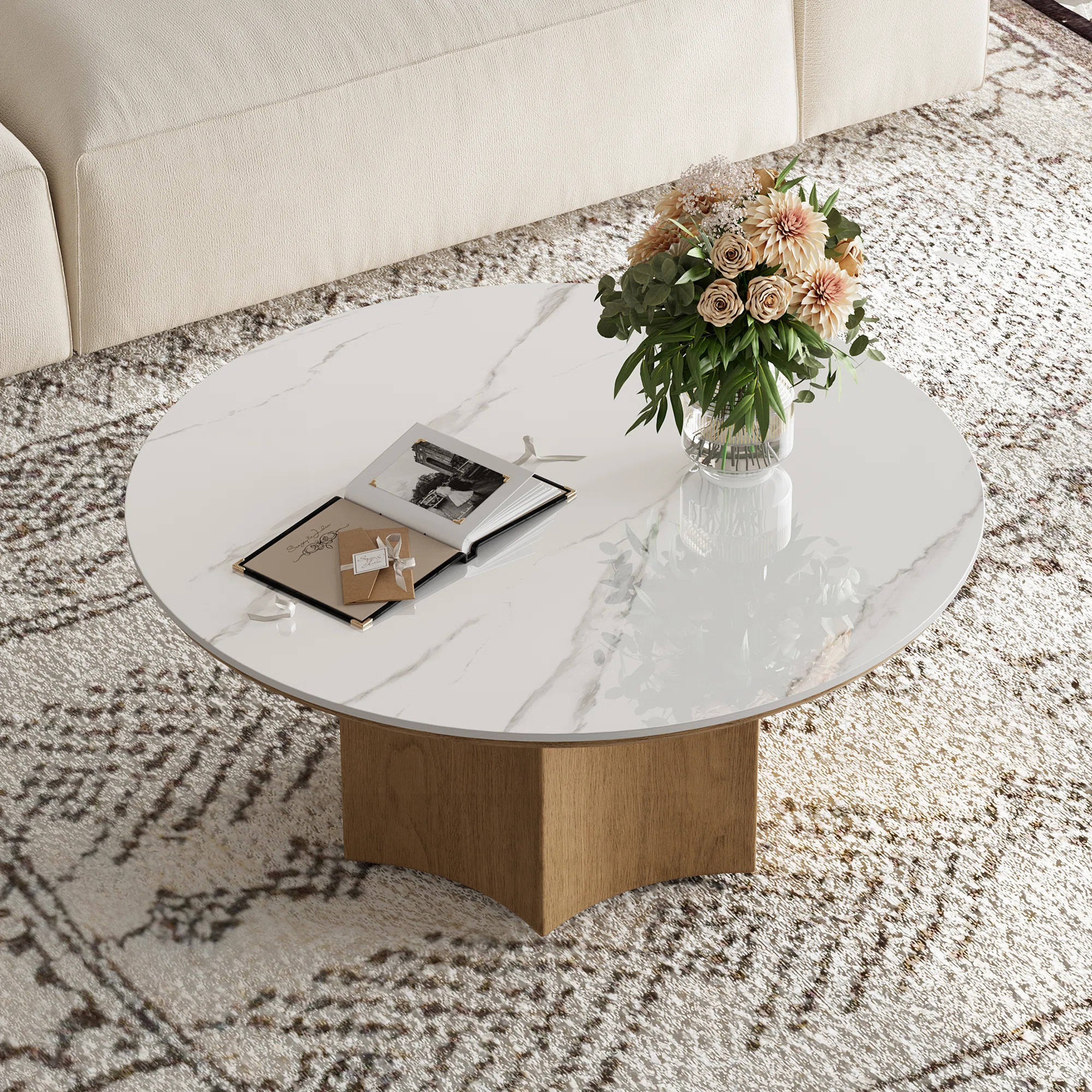Faux Marble Round 36"  White Coffee Table for Living Room | Wayfair North America