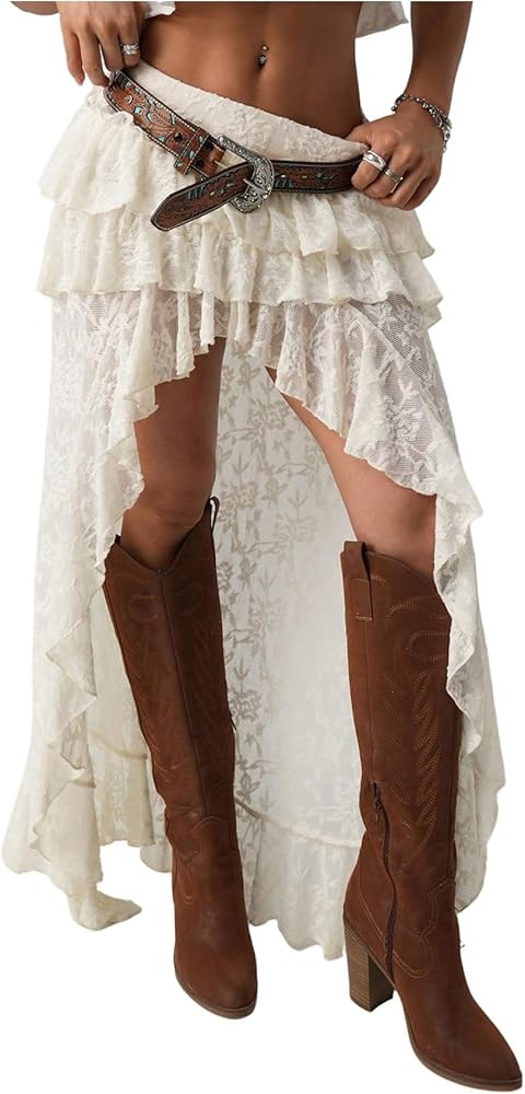 OYOANGLE Women's Floral Lace Asymmetrical Ruffle Coquette Skirt Y2k Country Concert Outfits | Amazon (US)