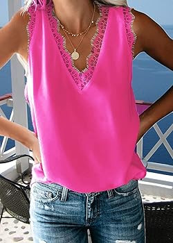 Women's V Neck Lace Trim Tank Tops Casual Loose Sleeveless Blouse Shirts | Amazon (US)