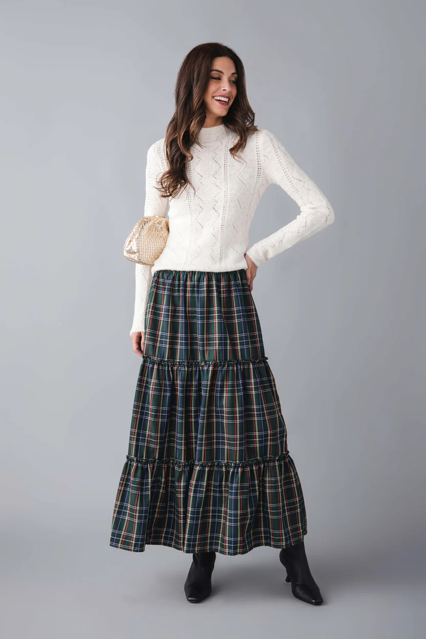 Vine & Love Ruffle Accents Flowy Plaid Maxi Skirt | Social Threads