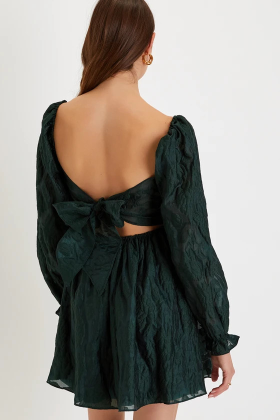 Darling Persona Emerald Green Jacquard Puff Sleeve Mini Dress | Lulus (US)