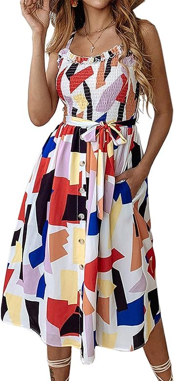 Women's Dresses - Summer Boho Floral Spaghetti Strap Button Down Belt Swing A line Midi Dress wit... | Amazon (US)