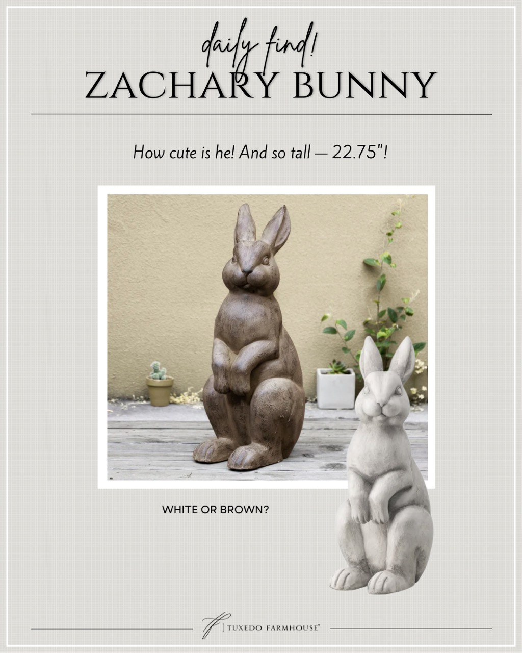 Zachary MGO Standing Rabbit Garden Statue

Embrace all the charm and whimsy of spring with this elegant rabbit statue. This rabbit sculpture is made of quality MGO and fiberglass that is very durable. Compared to the traditional stone or concrete statue, it is lightweight and easy to move anywhere you like. Designed as a cute standing rabbit looks vivid and interesting. The handmade distressed details give a sense of vintage and superior touch. This hare statue is a great decorative figurine that is sure to highlight your garden's appearance, also a great gift for a nature lover. 

 #LTKSeasonal #LTKHome