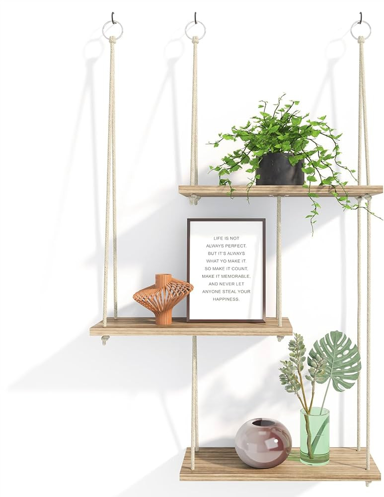 Fixwal Hanging Shelves for Wall, 3 Tier Boho Wall Decor Plant Rack Floating Shelves Rope Rustic W... | Amazon (US)