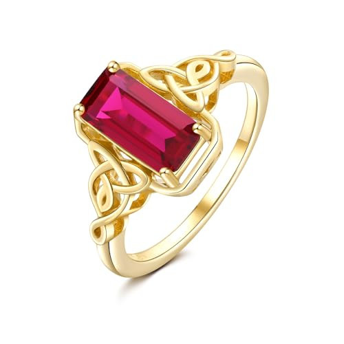 DAYBYDAY Gold Plated Ruby Ring Emerald Cut Engagement Ring Celtic Knot Rings for Women Red Stone Rings Size 10 Irish Jewelry | Amazon (US)