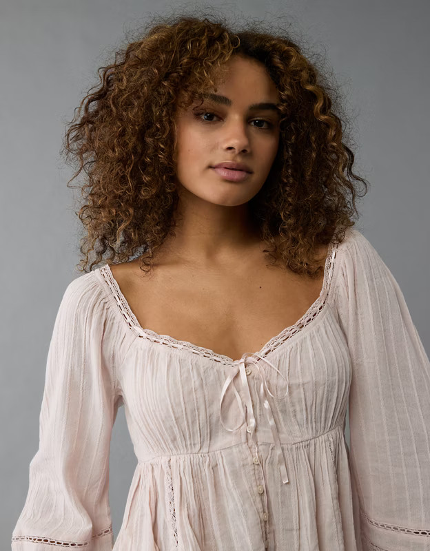 AE Long-Sleeve Babydoll Blouse | American Eagle Outfitters (US & CA)