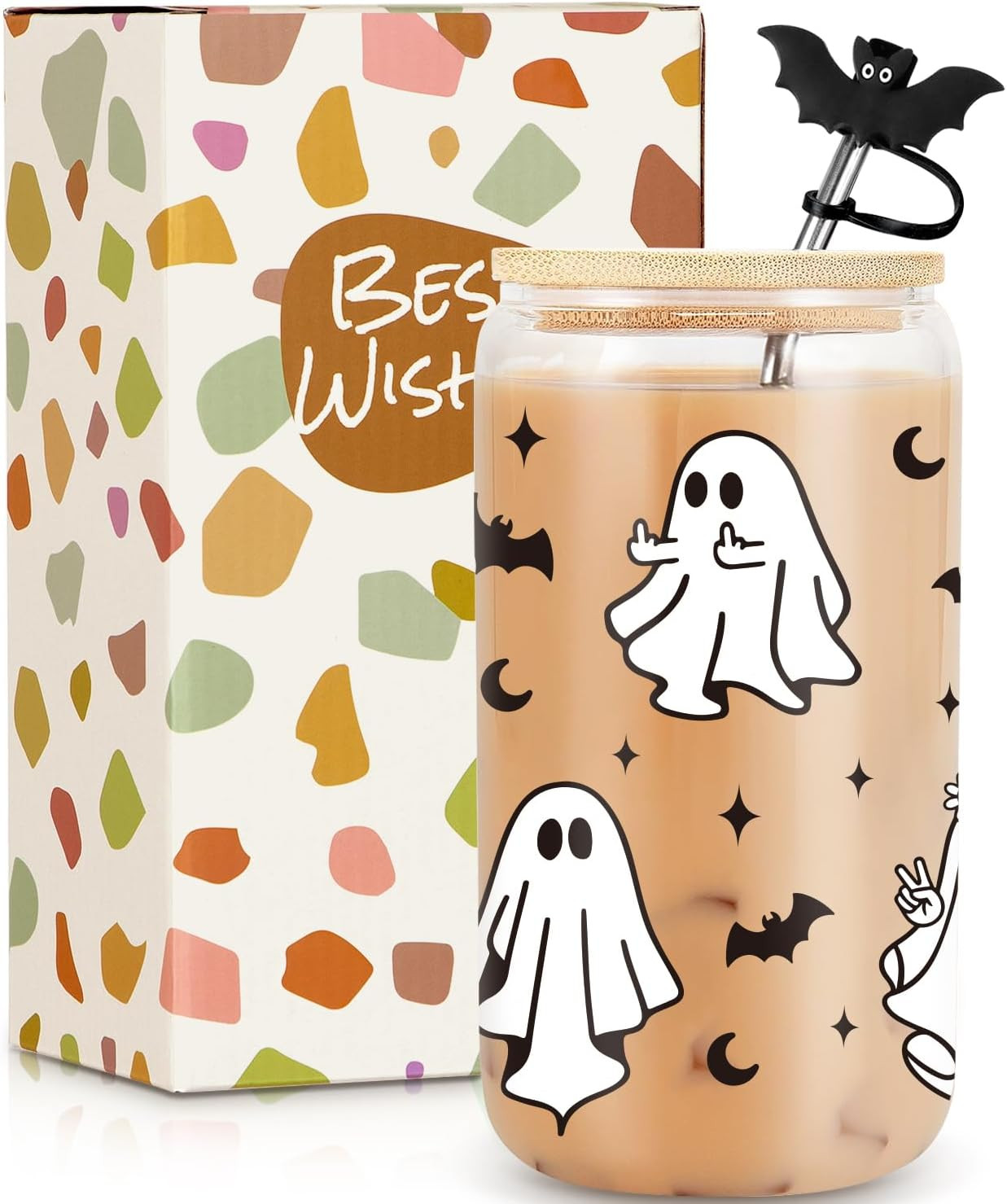 Frerdui Halloween Ghost Glass Cup with Lids & Straws, Cute Spooky Basket Stuffers, 16 Oz Middle Finger Ghost Bat Tumbler Mug, Funny Halloween Gifts, Boo Basket Stuffers for Women Her Adults | Amazon (US)