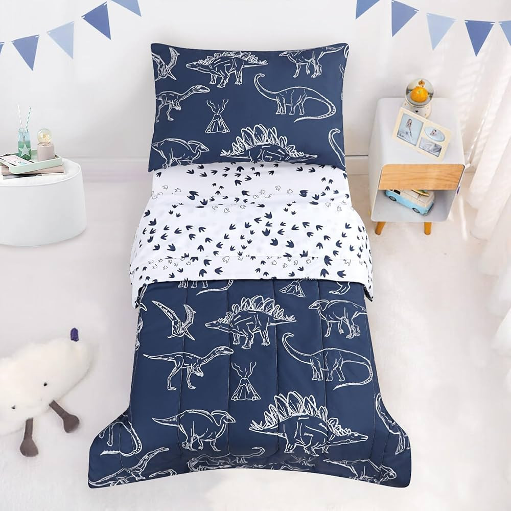 4 Pieces Dinosaur Toddler Bedding Set for Boys, Soft Breathable Toddler Comforter Set, Dino Print... | Amazon (US)