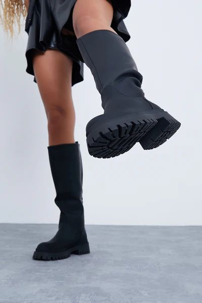 Black Chunky Sole Knee High Boots | ISAWITFIRST UK