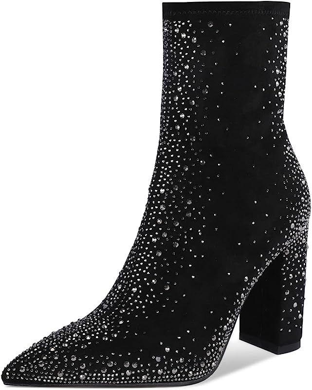 ISNOM Women Rhinestones Suede Chunky Heel Ankle Boots Pointed Toe Slip on Booties Studded Crystal... | Amazon (US)