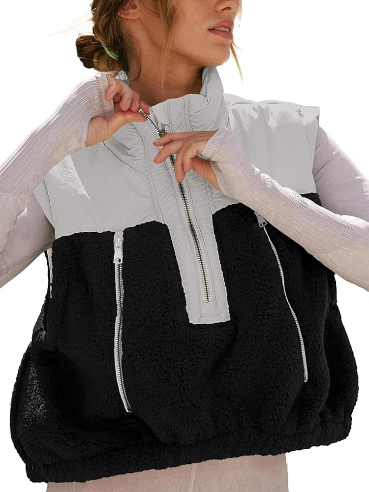 Tankaneo Womens Cropped Vests Outerwear Color Block Half Zipper Fleece Sherpa Sleeveless Winter C... | Amazon (US)