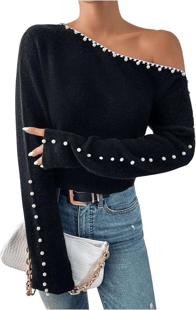 WDIRARA Women's Pearls Beaded One Cold Shoulder Sweater Long Sleeve Asymmetrical Knit Top | Amazon (US)