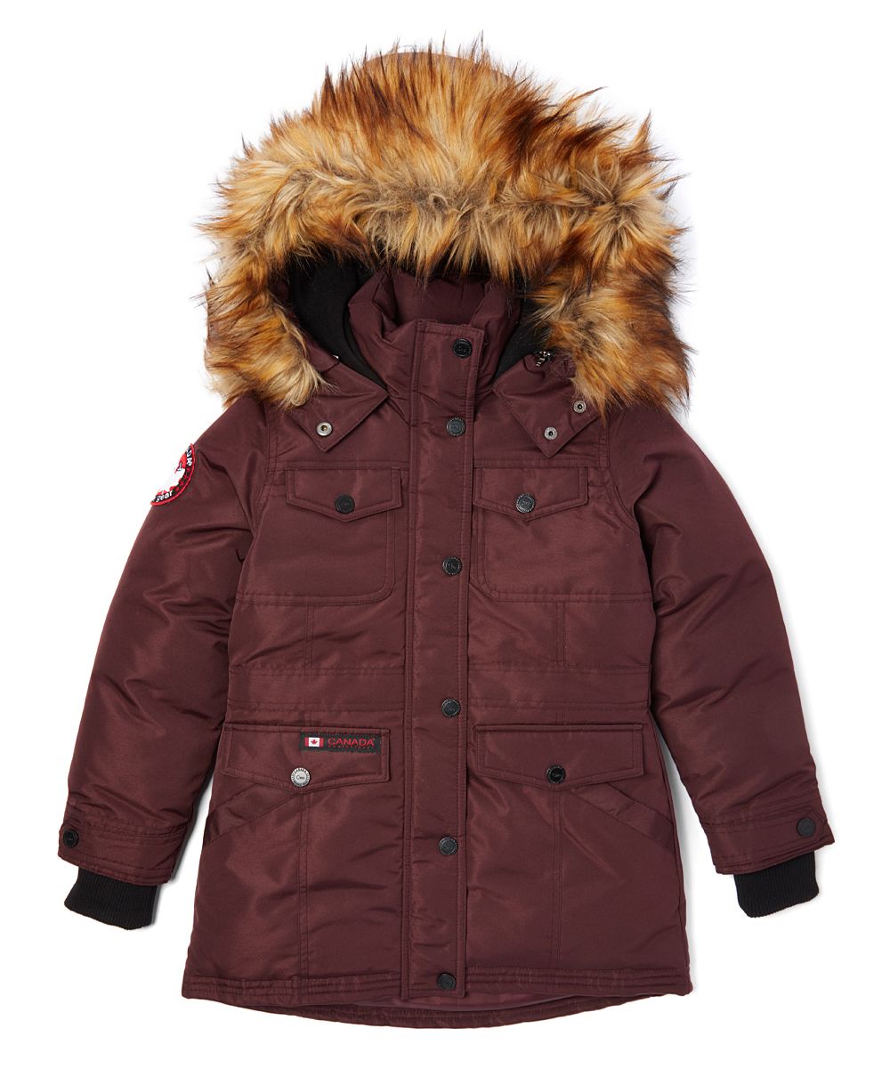 Canada Weather Gear Girls' Puffer Coats CRANBERRY - Cranberry Logo Faux Fur-Trim Hooded Parka - Todd | Zulily