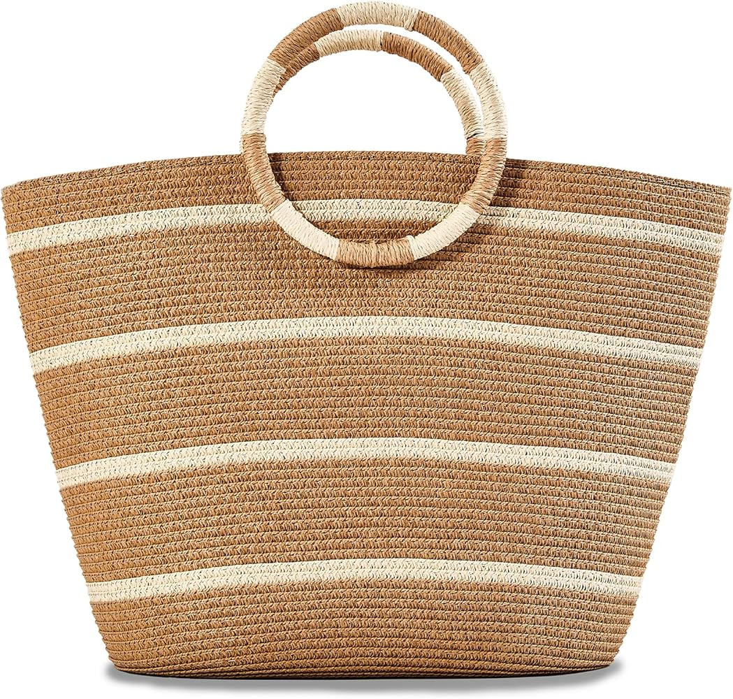 Beach Bags for Women Straw Tote Bag Summer Beach Bag Large Woven Straw Tote for Vacation Holiday | Amazon (US)