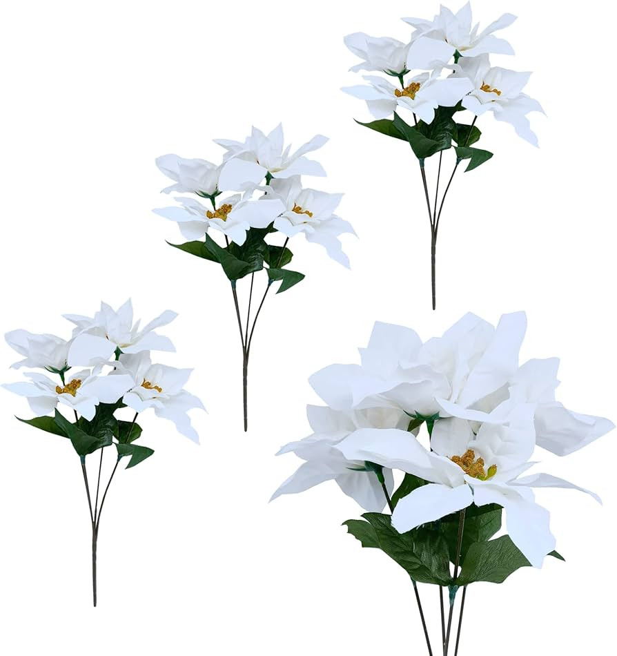 M2cbridge Pack of 4 Christmas Red Poinsettia Bouquet Bushes Floral Picks, Height 13.8" (White) | Amazon (US)