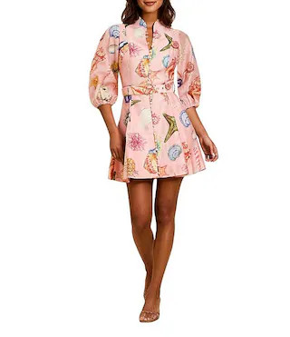 Mestiza New York Valencia Linen Organza Blend Seashell Print Mandarin Collar 3/4 Balloon Sleeve B... | Dillard's