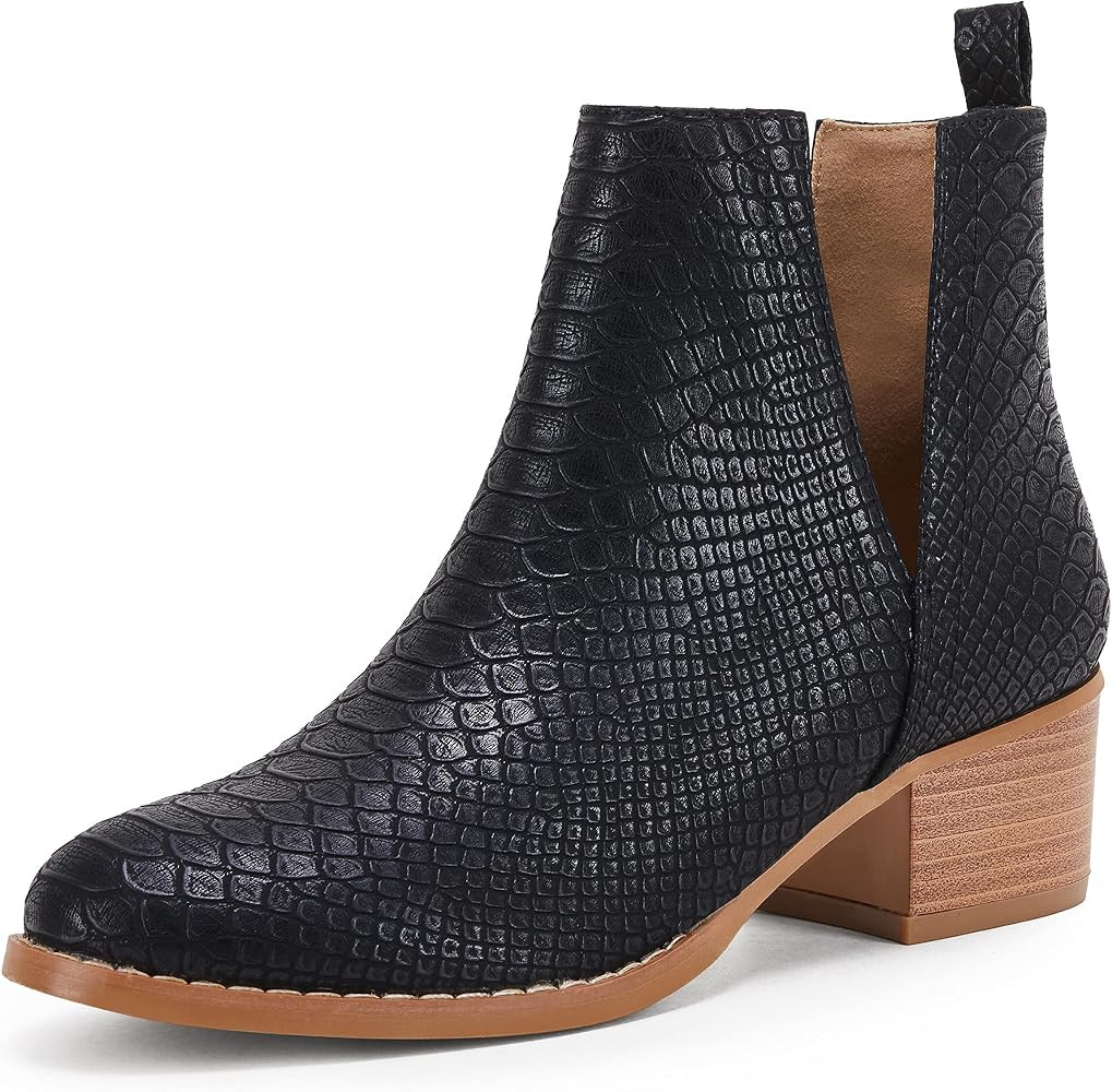 LAICIGO Women's V Cut Ankle Booties Low Stacked Heel Closed Toe Perforated Slipon Faux Leather We... | Amazon (US)