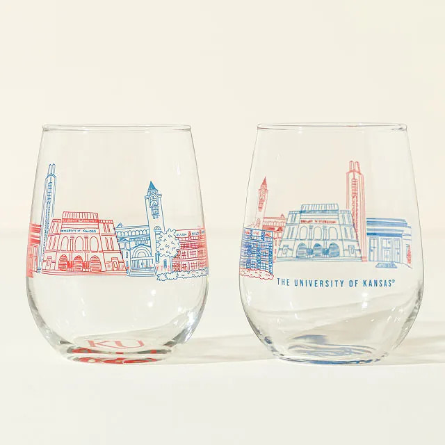 College Cityscape Wine Glasses - Set of 2, University of Kansas | UncommonGoods