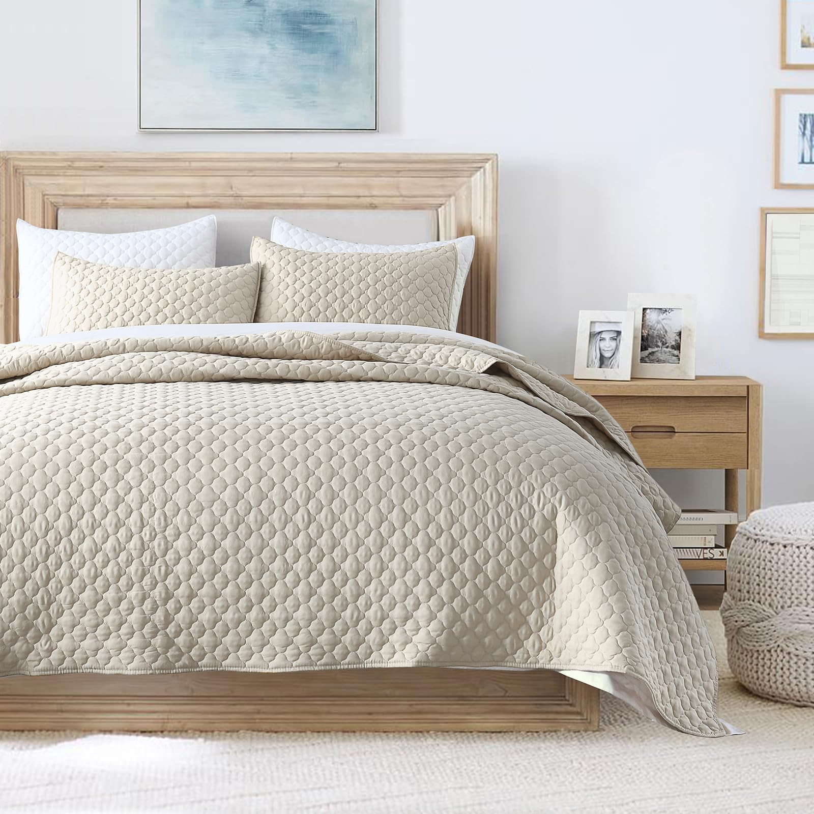 HORIMOTE HOME Quilt Set Queen Size Beige Bedspread, Modern Style Quilted Clouds Pattern Soft Cove... | Amazon (US)