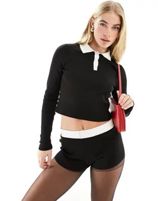 ASOS DESIGN knit top with collar and contrast trim in black - part of a set | ASOS (Global)