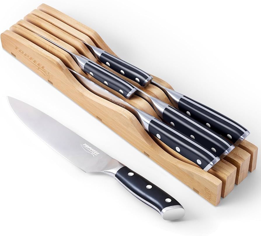 6Pcs Kitchen Knife Set with In-Drawer Bamboo Knife Organizer- 3.5-8 Inch Set Kitchen Knives Germa... | Amazon (US)