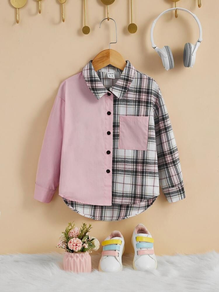 SHEIN Toddler Girls Plaid Print Pocket Patched Drop Shoulder Shirt | SHEIN