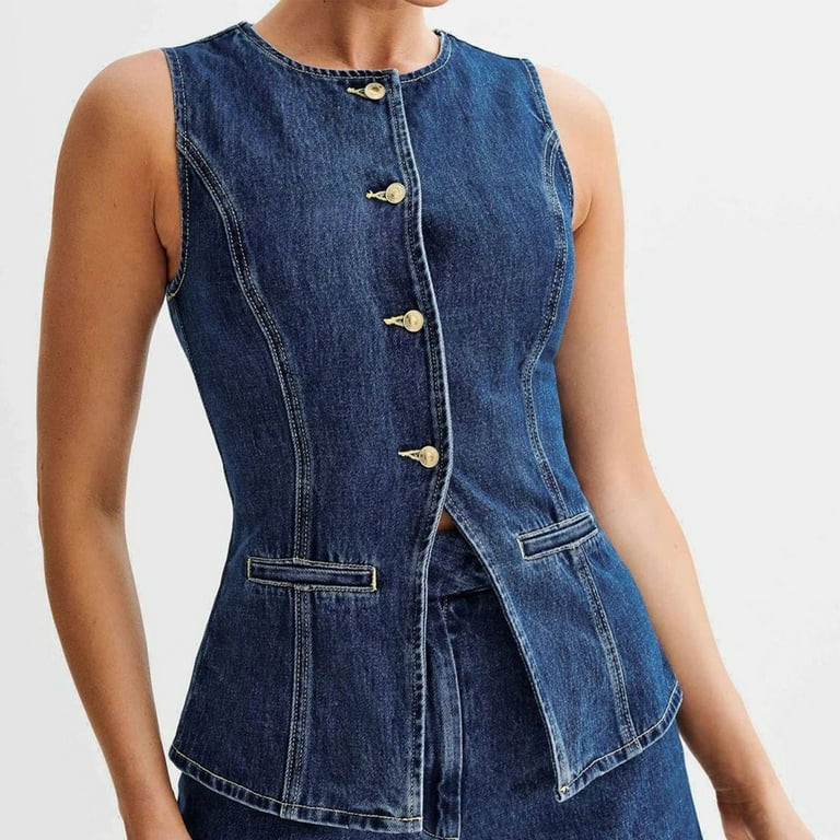 Simua Vintage Women's Denim Vest Slim Fit Casual Classic Sleeveless Button Denim Jacket | Walmart (US)