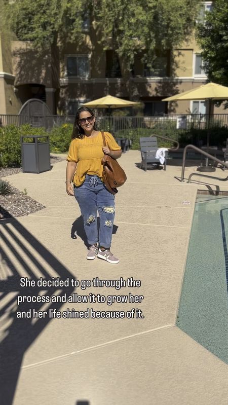 Mustard yellow peasant top. Patched ripped jeans. Lilac sneakers. Leather tote. 

#LTKfindsunder100 #LTKmidsize #LTKVideo