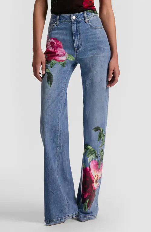 Alice + Olivia Chic Placed Floral Wide Leg Jeans in Denver Bright Blue Bloom at Nordstrom, Size 27 | Nordstrom