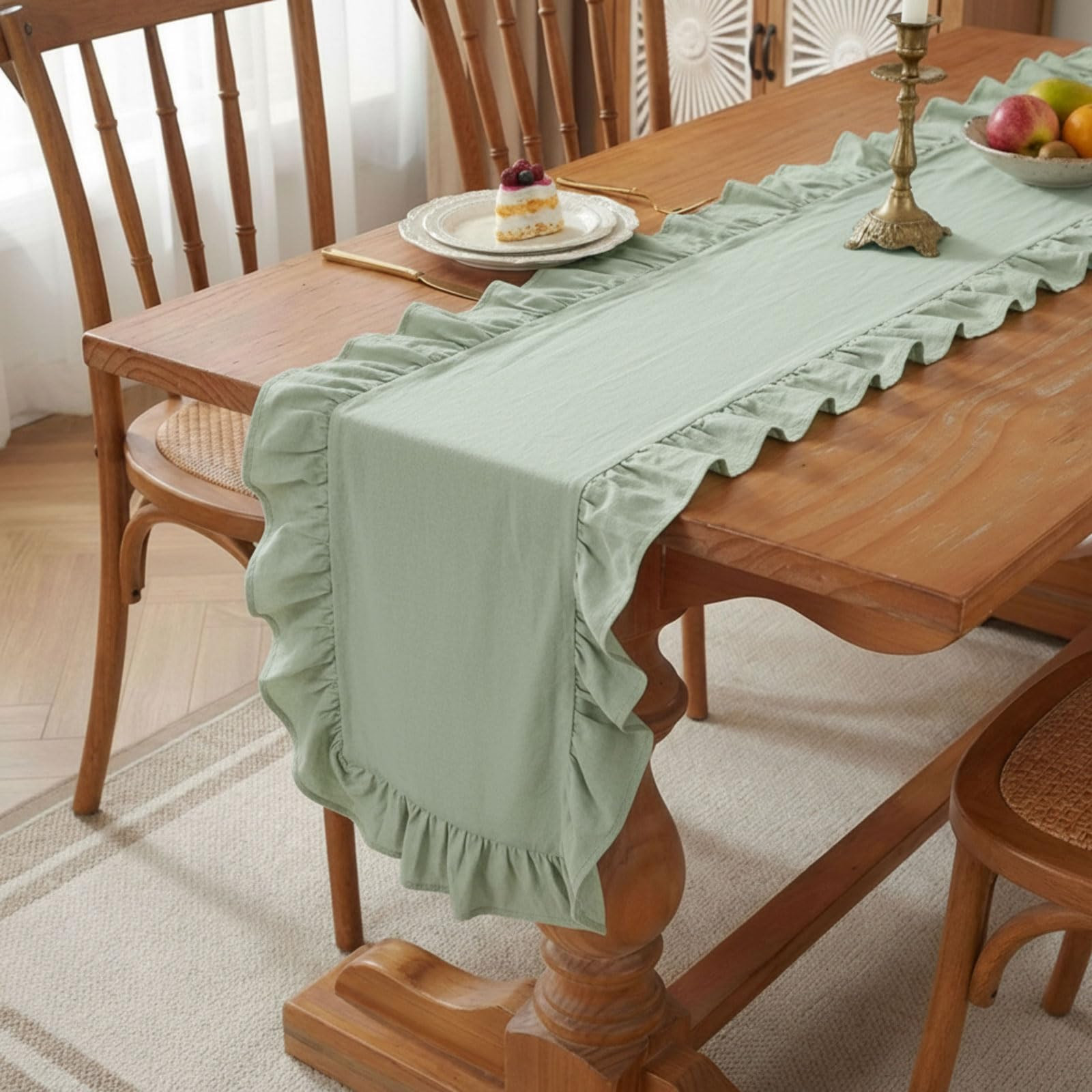 HunnmingRe Green Ruffled Table Runner 72 inch Scalloped Table Runner Cotton Flounces Washable Shabby Farmhouse Rustic Home Kitchen Decoration for Wedding Rectangle Bride Shower Christmas Party | Amazon (US)
