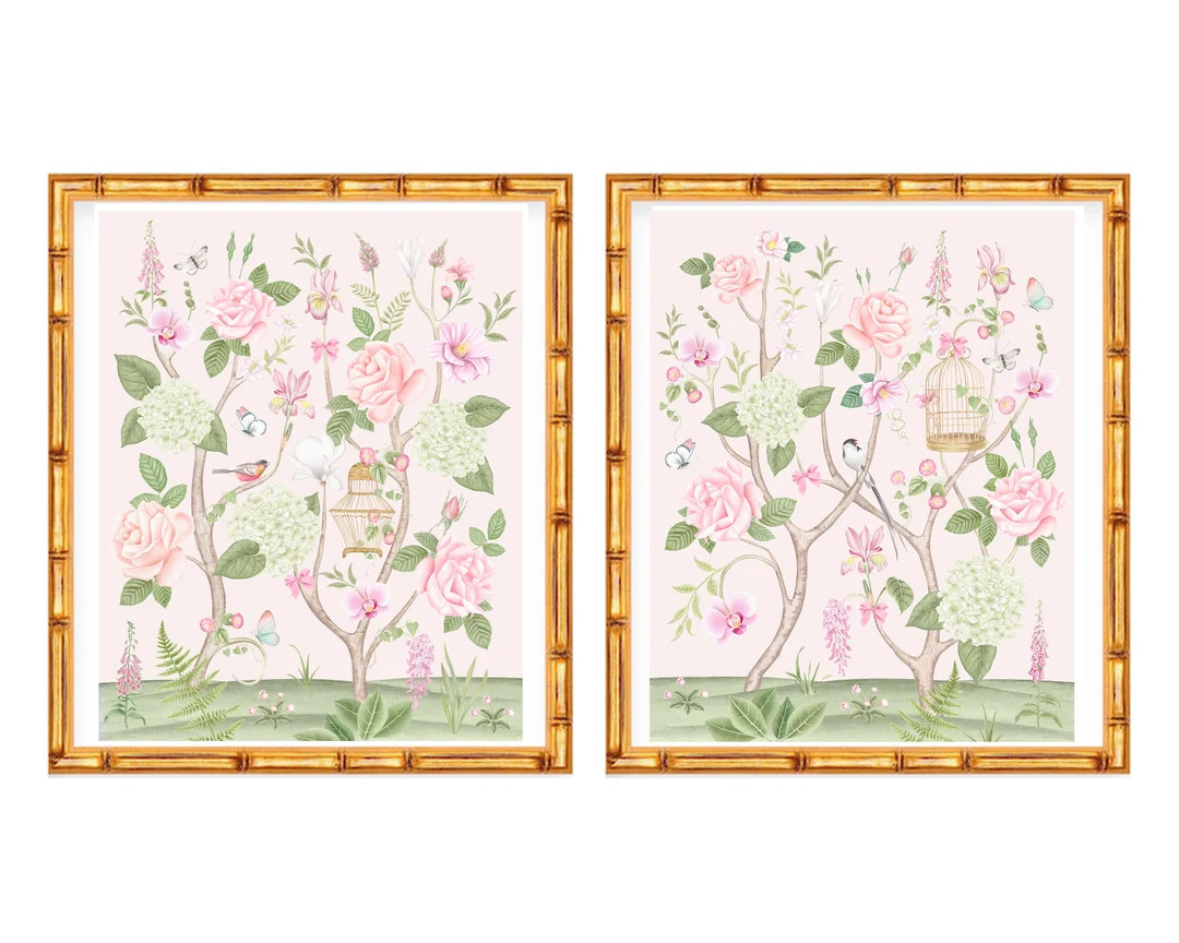 Set of Two Art Prints Chinoiserie Flowers With Birds and Butterflies // Nursery Decor // Girls Ro... | Etsy (US)