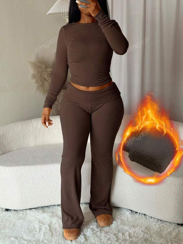 Solid Color Crew Neck Long Sleeve Simple Top And Long Pants Thin Fleece Casual Tracksuit Set | SHEIN