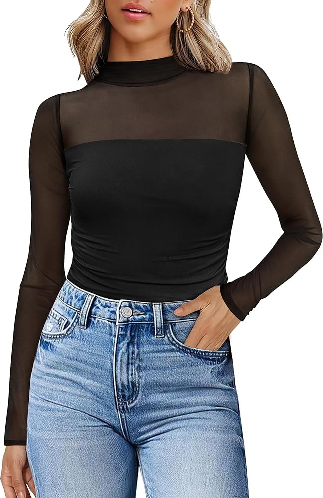 Womens Sexy Mesh Long Sleeve Shirts Fashion Clothing Turtle Necks Sheer Ruched Going Out Tops Fal... | Amazon (US)