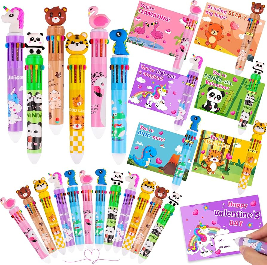 24 Pack Valentines Day Gifts for Kids Classroom Valentines Cards with Multicolor Ballpoint Pen fo... | Amazon (US)