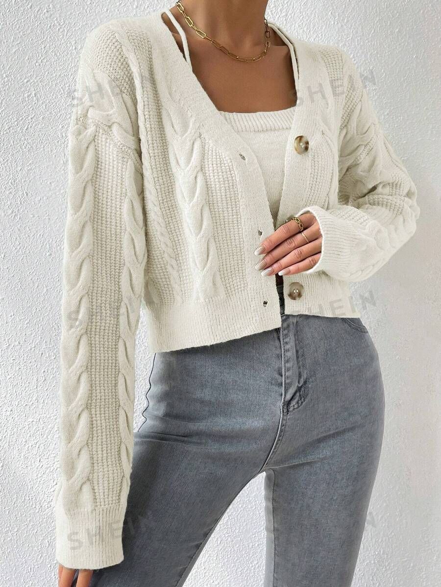 Drop Shoulder Cable Knit Cardigan & Crop Knit Top | SHEIN