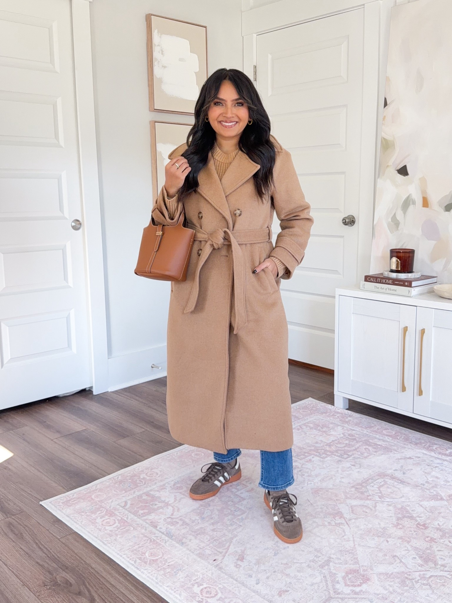 Camel coat size xs petite TTS
Camel sweater size xs TTS
Seaside blue slim straight jeans size 26, 26” inseam TTS
Raw umber brown belt size xs TTS
Earth Strata / Off White / Gum sneakers size  6 TTS

#LTKSaleAlert #LTKPetite #LTKStyleTip