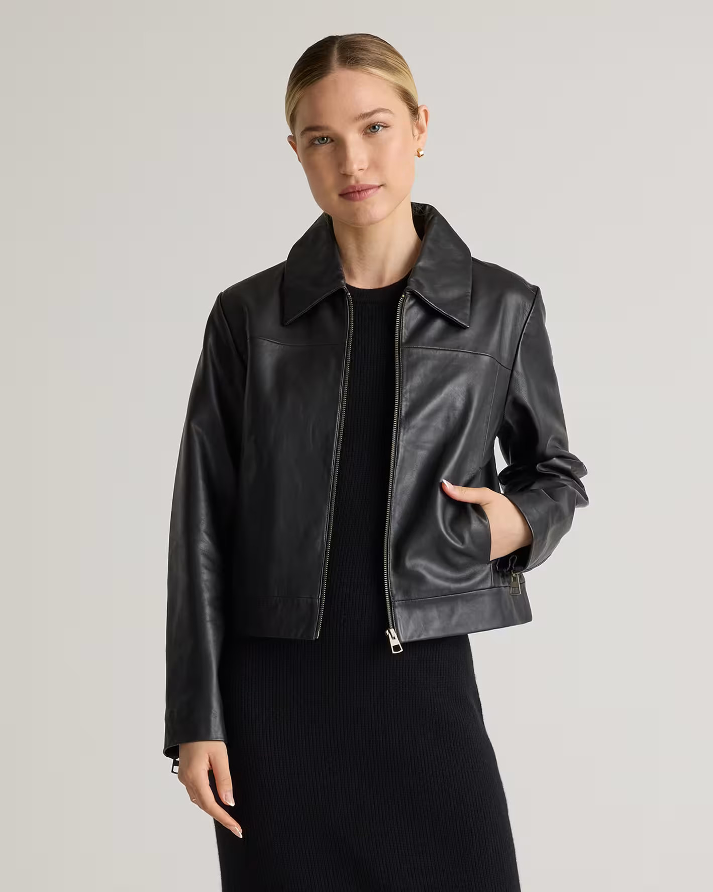 100% Leather Cropped Zip-Front Jacket | Quince