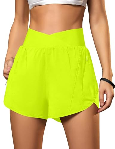 Blooming Jelly Women's Workout Shorts Athletic Running Crossover High Waisted Gym Sport Yoga Shorts with Zipper Pockets (Neon Green,Small) | Amazon (US)