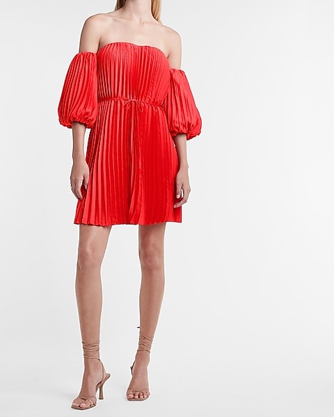 Pleated Belted Off The Shoulder Trapeze Dress | Express
