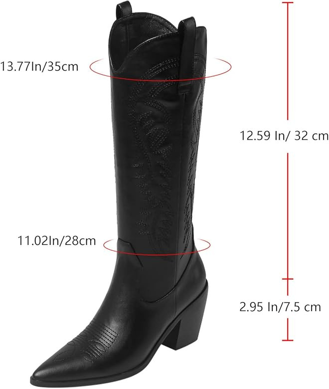 Western Boots Women Leather Cowboy Pointed toe Chunky Stacked Heel Cowgirl Knee High Boot | Amazon (US)